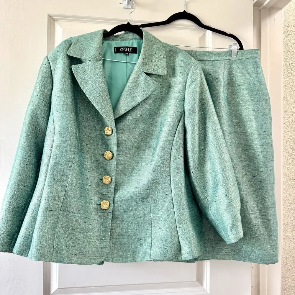 Kasper Woman 22W Green Skirt Suit Blazer Gold Buttons Plus Size Career 2 Piece